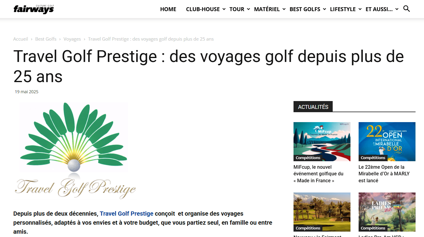 Article Fairways Magazine sur Travel Golf Prestige